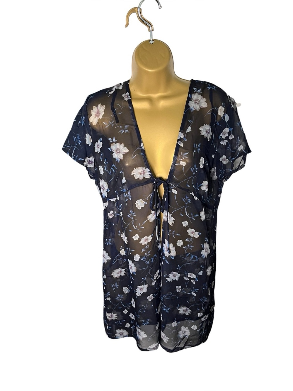 Vintage 90s Basic Editions Sheer Floral Tie Front Cover Up Navy 9/10